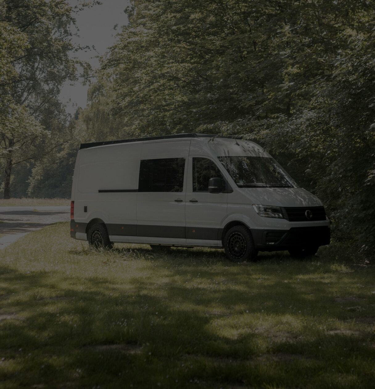 Seitenansicht eines VW Crafters der auf einer Wiese an einem Waldrand neben der Straße steht